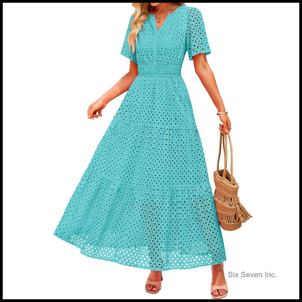 Viscose Maxi Dress With V-Neck, Eyelet Embroidery, And Side Pockets
